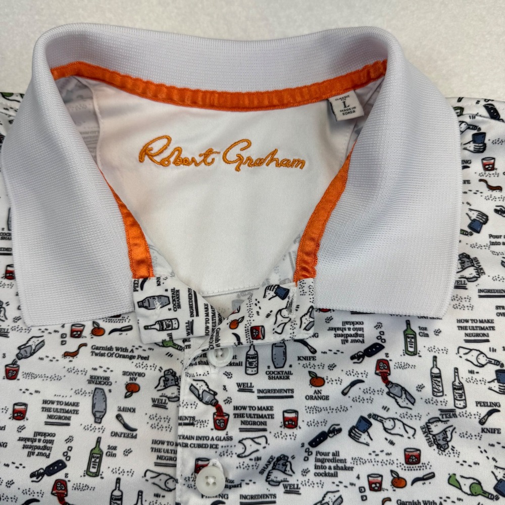 Robert Graham Polo Shirt Mens Large White Negroni Cocktail Print Excellent Short